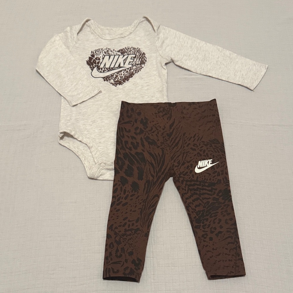 Nike Baby Girl 12M Leopard Print Leggings & Bodysuit Set | Brown | EUC